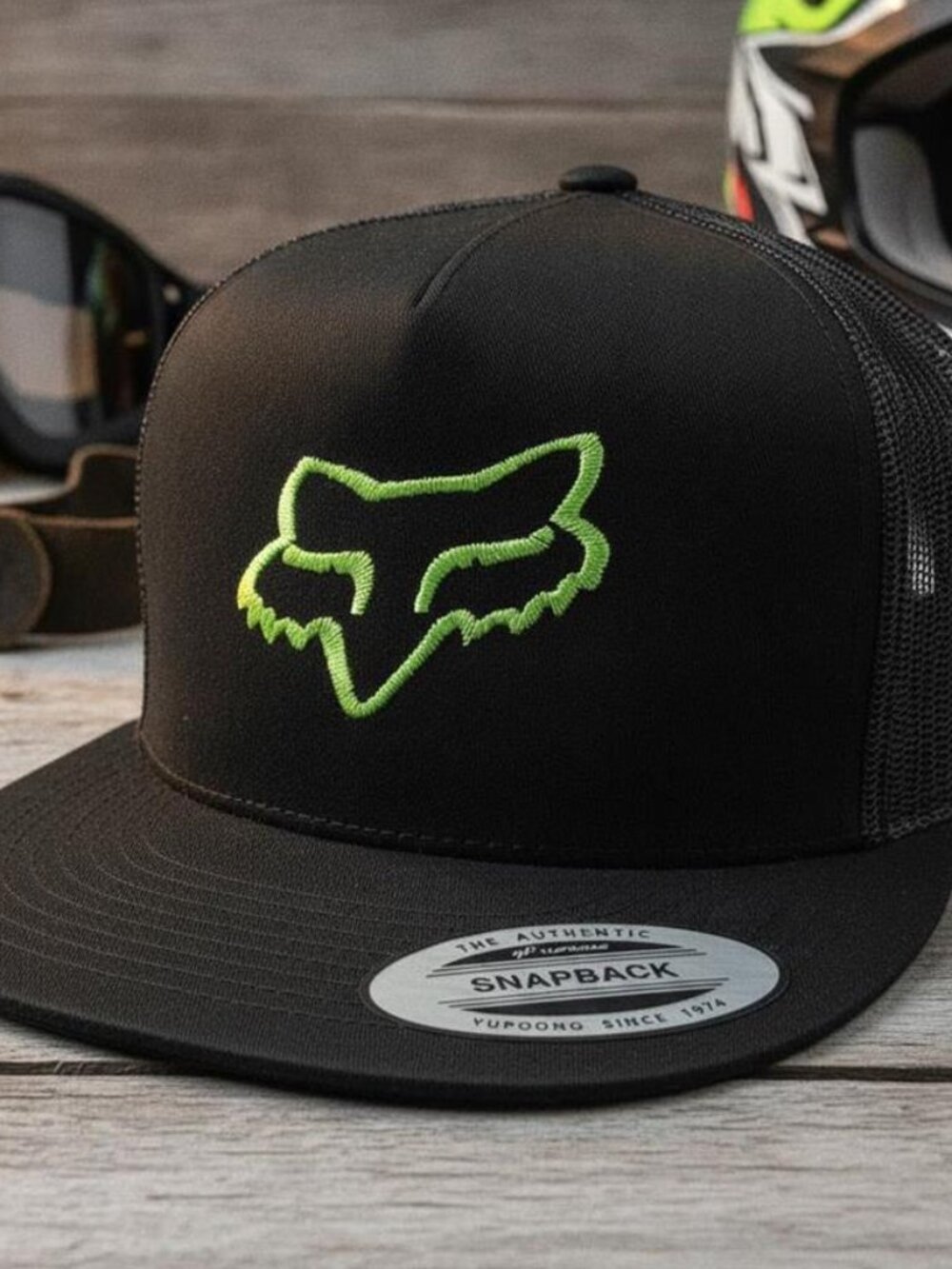 Retro Fox Racing Neon Green Logo Embroidered Yupoong Black Flat Bill Hat MX Race